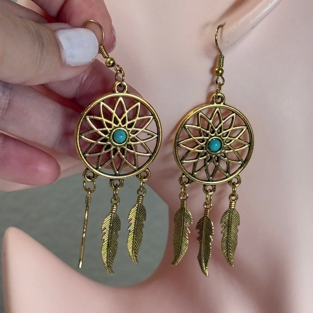 ⚜️ Western Style Gold Dreamcatcher Earrings with Turquoise